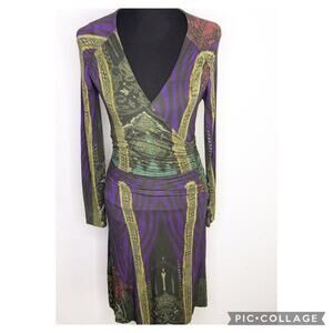 Etro Milano purple green graphic print faux wrap midi dress size 38 or US 2